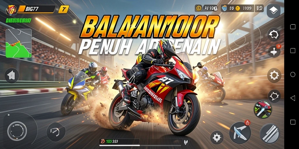 Tampilan gameplay seru dalam balapan motor di BIG77.