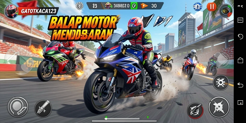 Tangkapan layar gameplay GATOTKACA123 dengan aksi balapan motor yang seru.