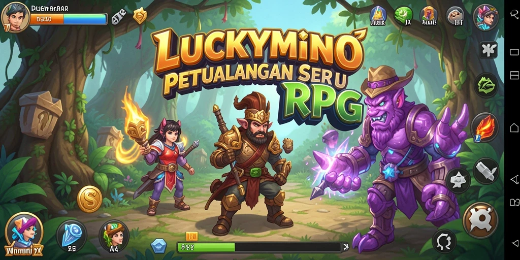 Tangkapan layar menampilkan pertarungan epik di dunia RPG LUCKYMINO.